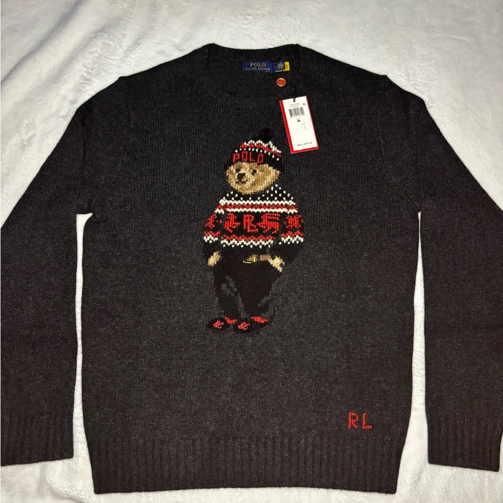 Polo Ralph Lauren Lunar New Year Bear Wool Cashmere Gray Sweater M Pwing Stadium